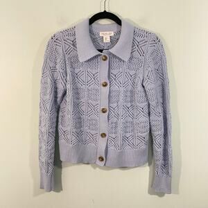 Rachel Zoe Women Blue Eyelet Knit Long Sleeve Collared Button Up Cardigan Size S